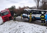 Wypadek w Manasterzu w pow. przeworskim. Autobus zderzył się z ciężarówką przewożącą drewno. Są ranni [ZDJĘCIA]