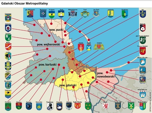 Mapa projektowanego Gdańskiego Obszaru Metropolitalnego na północy opiera się o wybrzeże Bałtyku, na zachód sięga wypustki powiatu kartuskiego, jego południową bramą jest Tczew, a na wschód sięga do Mierzei Wiślanej. W sumie prawie 5 tysięcy kilometrów kwadratowych, ponad 1,3 mln obywateli.