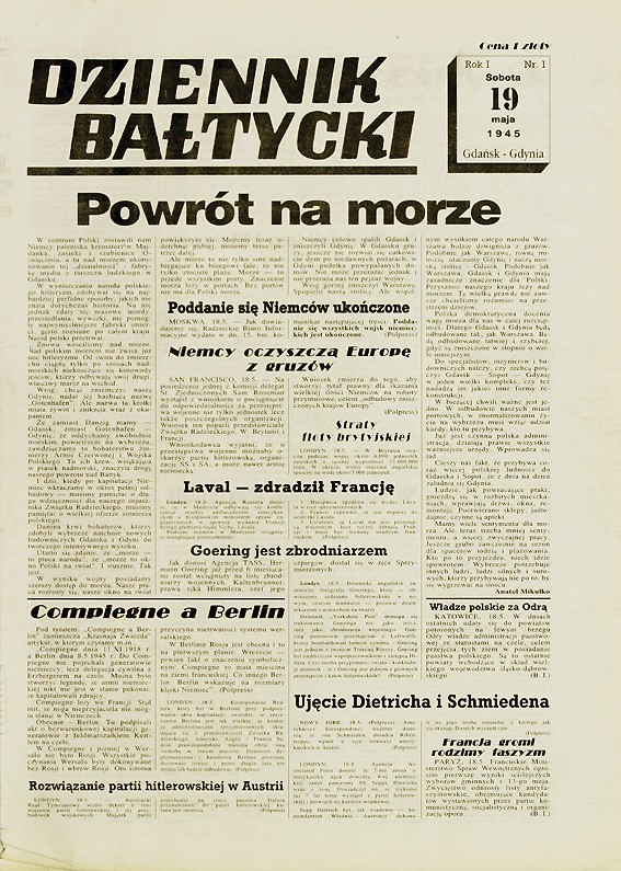 Okładka "Dziennika Bałtyckiego" z 19 maja 1945 roku