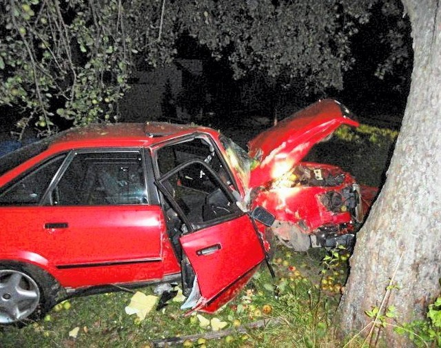 Zmiażdżone auto po ścięciu świerków i uderzeniu w jabłoń 