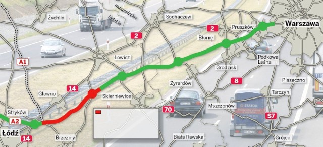 Na czerwono zaznaczono odcinek autostrady, na kt&oacute;rym obowiązuje ograniczenie prędkości od 70 km/h