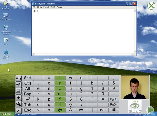 Niepełnosprawny tak widzi ekran swojego komputera. Ruchami oczu steruje klawiaturą