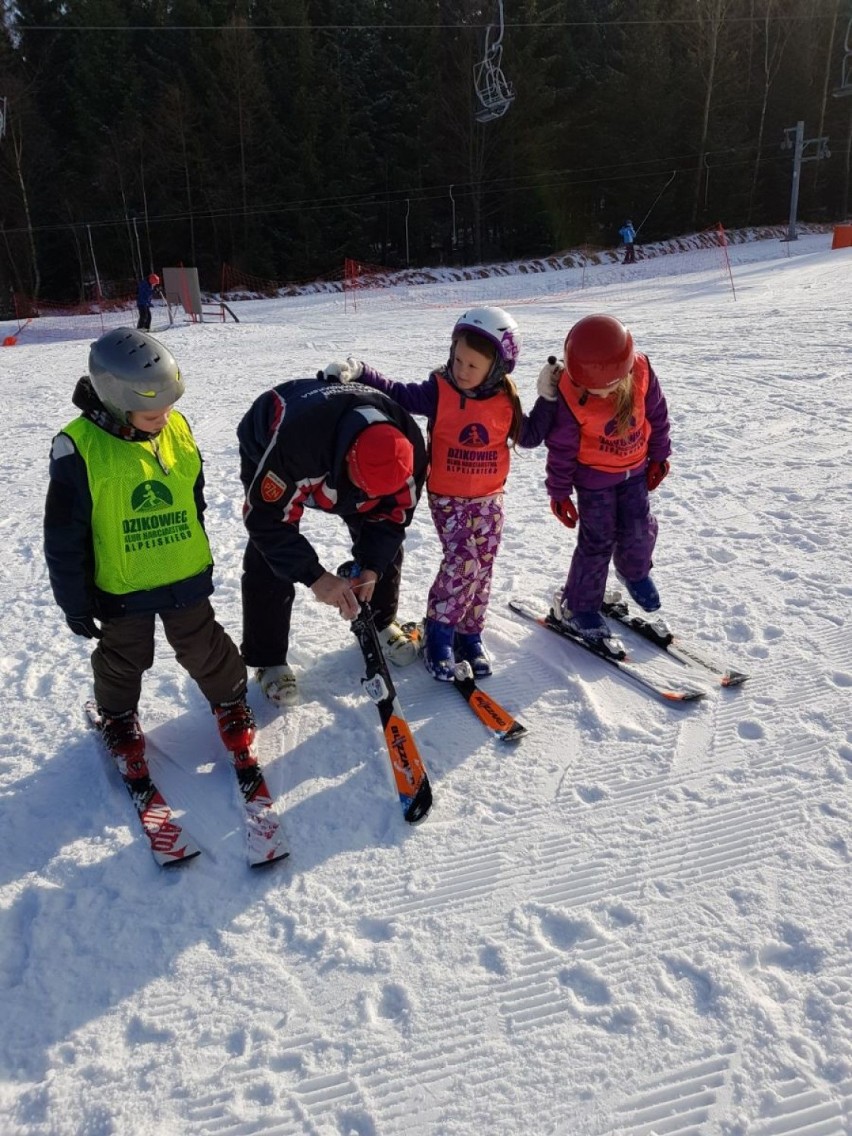 Uczniowie szkoły podstawowej nr 6 w Boguszowie-Gorcach uczą się jazdy na nartach w ośrodku Dzikowiec
