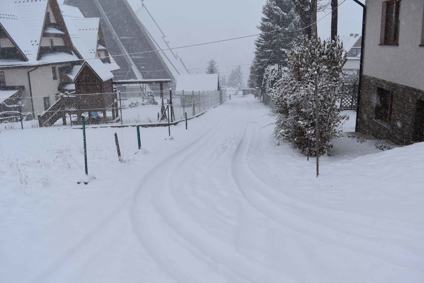 Zakopane pod śniegiem. Spadło kilka centymetrów śniegu. Drogi są białe. Jest bardzo ślisko