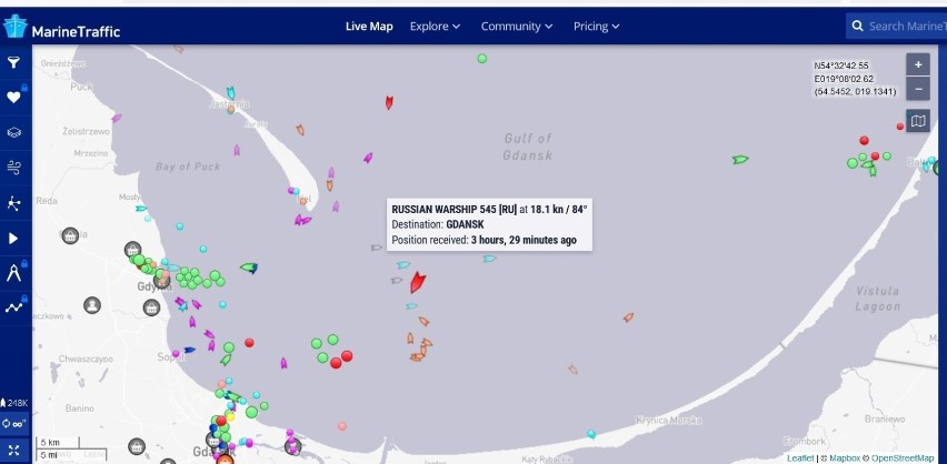 Zapis z mapy portalu marinetraffic wskazujący na obecność...