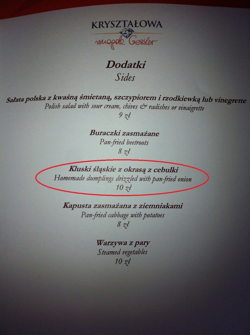 Menu Restauracji Kryształowa w Katowicach