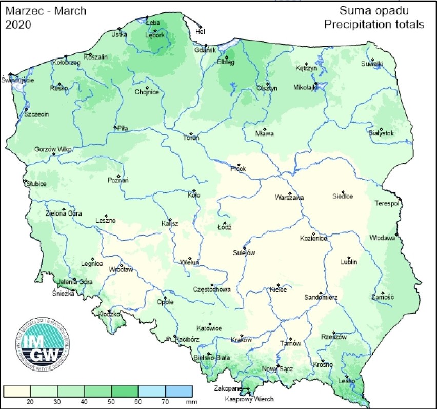 Rozkład sum opadów atmosferycznych w Polsce w marcu 2020 r.