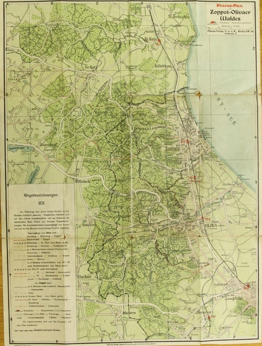 mapa Lasów Oliwskich i Sopotu z lat 30., wydana w Berlinie