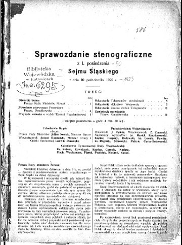 Karta tytułowa stenogramu I posiedzenia Sejmu Śląskiego