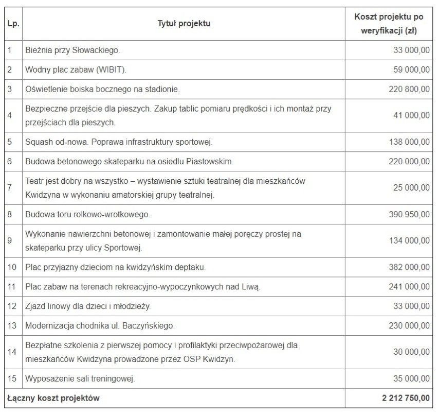 Kwidzyński Budżet Obywatelski 2019. Lista projektów zakwalifikowanych do głosowania 