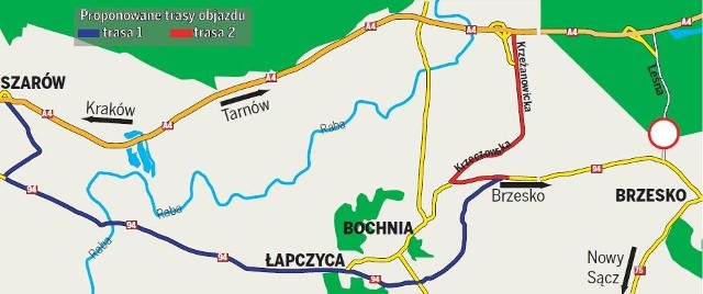 Dwa warianty dojazdu do autostrady A4 dla kierowców podróżujących z Sącza do Krakowa po zamknięciu ul. Leśnej w Brzesku