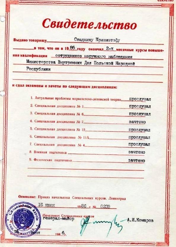 Dyplom ukończenia Wyższego Kursu Obserwacji KGB w...