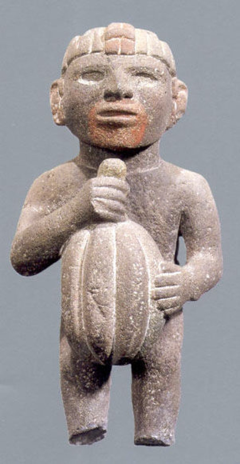 Figurka z owocem kakaowca z czasów Azteków.