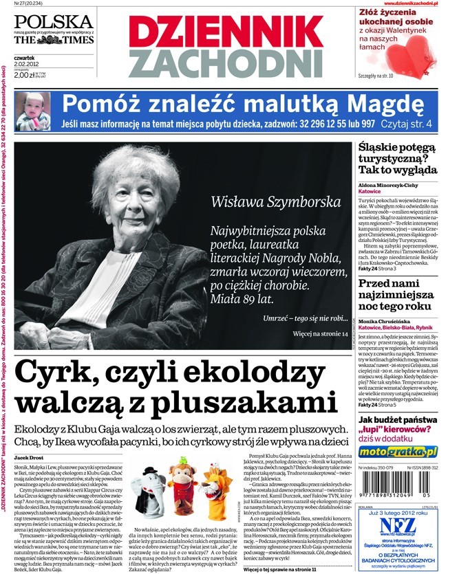 DZ z 2 lutego wspominał postać Wisławy Szymborskiej