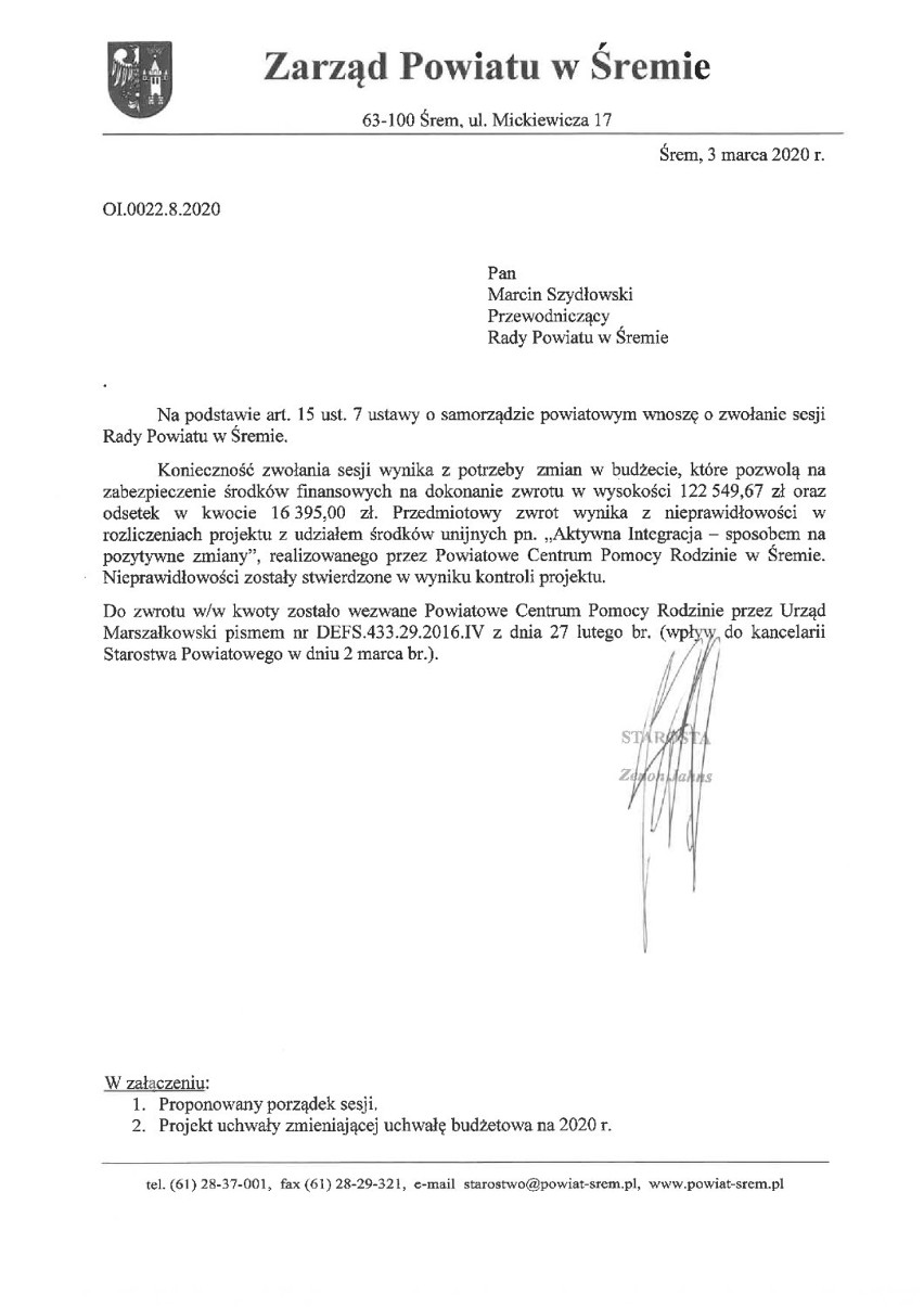 E-sesja Powiatu Śremskiego/pismo zarządu dot. zwołania...