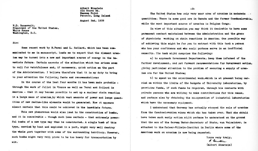 List Alberta Einsteina, wysłany 2 sierpnia 1939 roku do...