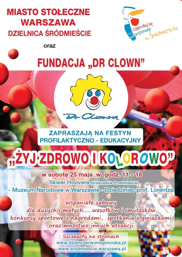 Festyn Żyj zdrowo i kolorowo. Dr Clown zaprasza 25 maja na Krakowskie Przedmieście