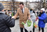 Gorlice. Burmistrz Rafał Kukla wyszedł na rynek z koszem tulipanów. Każda pani dostała kwiatek [ZDJĘCIA]