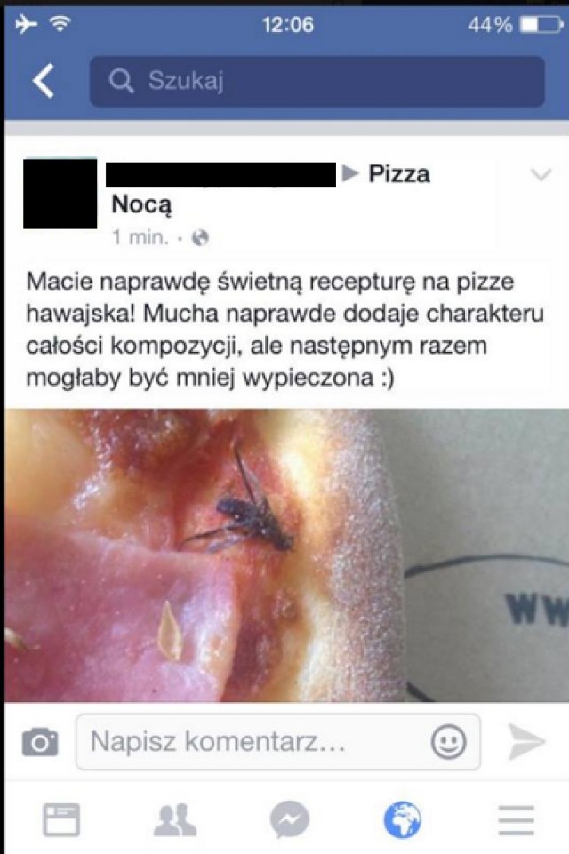 Pizza Nocą. Zamówił hawajską, muchę dostał w gratisie. A na Facebooku rozpętała się burza