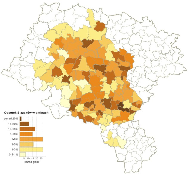 Gminy zamieszkane przez Ślązaków - według spisu powszechnego z 2002 roku