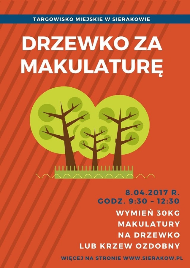 Coroczna akcja zbiórki makulatury odbywająca się pod szyldem „Drzewko za makulaturę” odbędzie się w tym roku już 8 kwietnia w godz. 9:30-12:30. Warto już teraz zbierać i odkładać makulaturę, bo wystarczy tylko 30 kg, by zamienić ją na sadzonkę drzewka lub krzewu ozdobnego. Tegoroczna edycja akcji odbędzie się tradycyjnie na targowisku miejskim w Sierakowie i zostanie przeprowadzona przez wolontariuszy z Zespołu Szkół w Sierakowie.