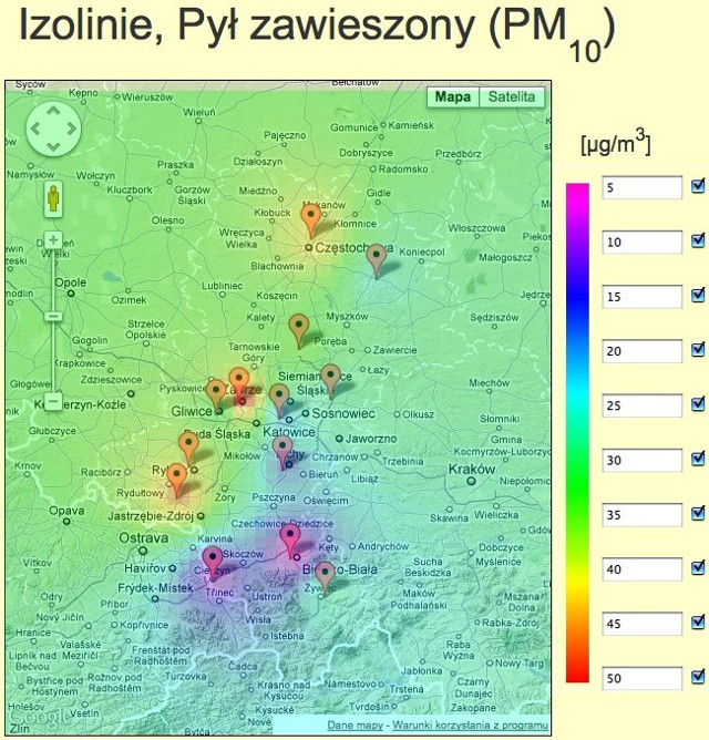 Wskazania stężenia pyłu zawieszonego na terenie woj. śląskiego zebrane ze stacji automatycznych WIOŚ w Katowicach. Dane na godz. 8 w dniu 15 grudnia 2011 r.