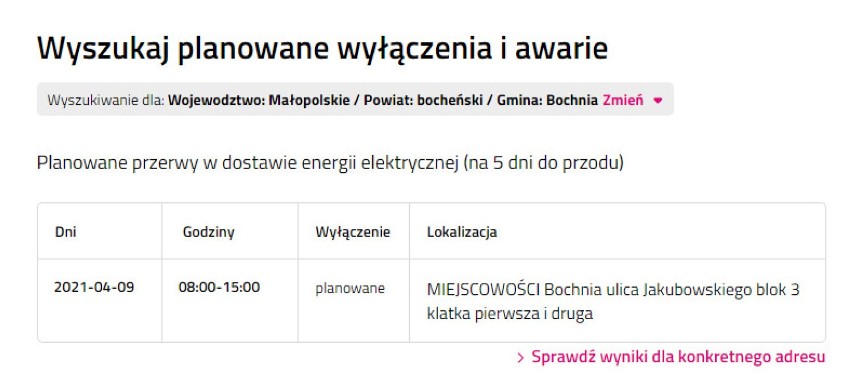 Wyłączenia prądu w powiecie bocheńskim i brzeskim, 6.04.2021
