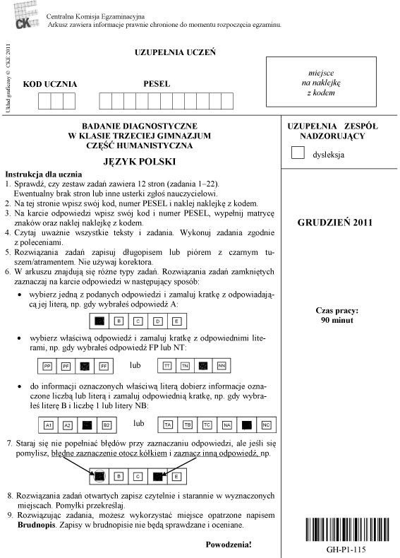 Arkusze egzaminu gimnazjalnego 2012 z języka polskiego - pytania próbne