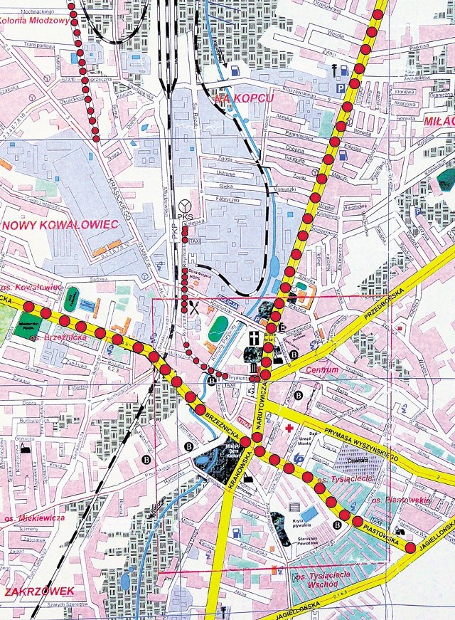 Mapa Radomska, kropkami są zaznaczone ulice (m.in. Narutowicza, Reymonta, Piastowska), gdzie najczęściej dochodzi do wypadków i kolizji