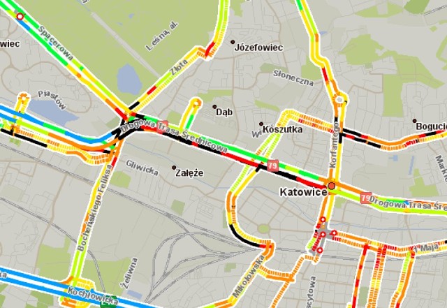 Zablokowany przejazd przez tunel w Katowicach. Kolor czarny oznacza stojące samochody