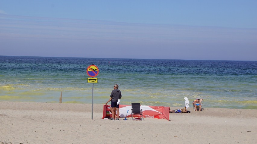 Znaki na plaży w Darłówku. Informują m.in. o zakazie skakania z falochronu 