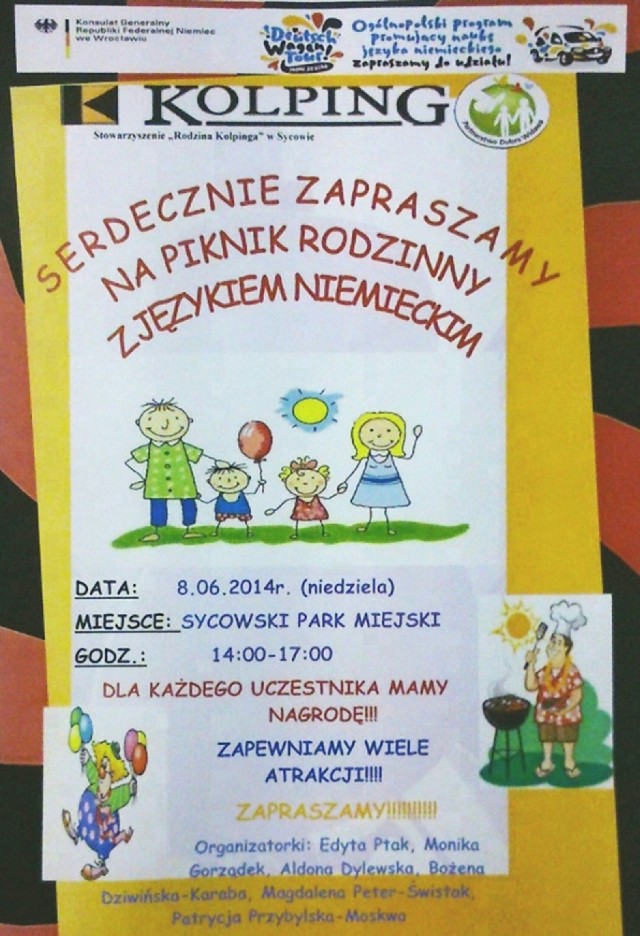 Plakat ilustrujący zaproszenie na piknik rodzinny z językiem niemieckim