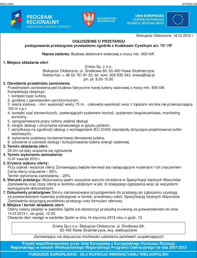 Ogłoszenie o przetargu na budowę elektrowni wiatrowej o mocy min.800 kW