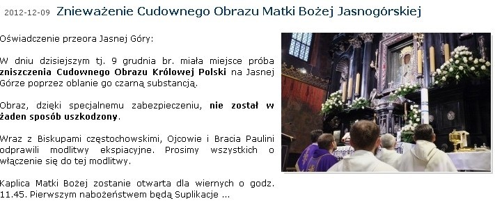 Atak szaleńca na Jasnej Górze na obraz Matki Boskiej Częstochowskiej