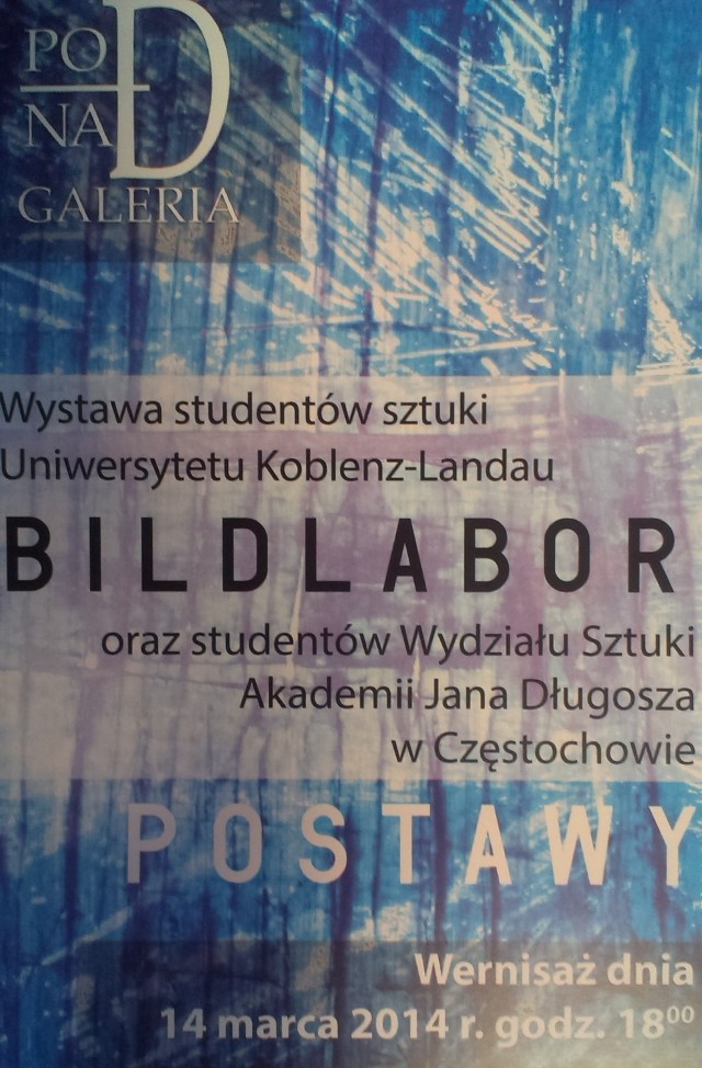 W galerii sztuki „Pod Nad” (ul. Gliwicka 1, podcienia rynku) 14 marca o godz. 18 odbędzie się wernisaż wystawy pt. „Bildlabor”. Swoje obrazy zaprezentują tutaj studenci sztuki z niemieckiego Uniwersytetu w Koblencji-Landau oraz wydziału sztuki Akademii im. Jana Długosza w Częstochowie. Wystawa polskich studentów będzie nosiła nazwę „Postawy”. Wernisażowi będzie towarzyszył koncert duetu akordeonowego Ewa Grabowska-Lis i Daniel Lis. Wstęp wolny.