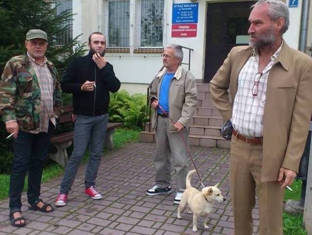 Krzysztof Giemza (na zdj. w środku, z psem) wraz z przyjaciółmi zdecydował się pomóc pani Małgorzacie. Efekt osiągnęli dopiero przyjeżdżając z pieskiem bezpośrednio do siedziby straży miejskiej