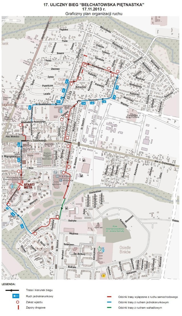 Bełchatowska Piętnastka mapka z utrudnieniami w ruchu