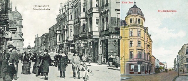 Większość abonentów stacji aparatów telefonicznych mieszkała bądź miała swoje firmy przy głównych ulicach miasta, tu (po lewej): widok ulicy Fryderykowskiej (Królowej Jadwigi) z około 1905 r. Po prawej: hotel "Bast", którym w 1907 r. zarządzał Hermann Misch, a telefonujący tam wybierali numer 17.