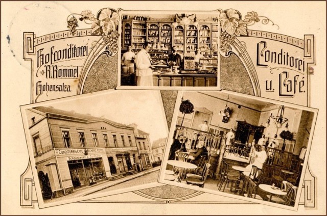 Conditorei und Cafe Niemca Richarda Rommla,  wówczas najokazalszy interes cukierniczy w Inowrocławiu, uwieczniony na widokówce reklamowej wydanej po 1905 r. 