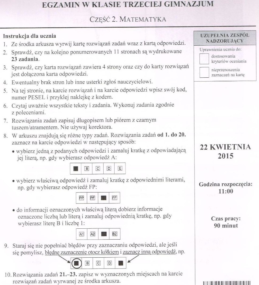 Egzamin gimnazjalny 2015: matematyka - ARKUSZ