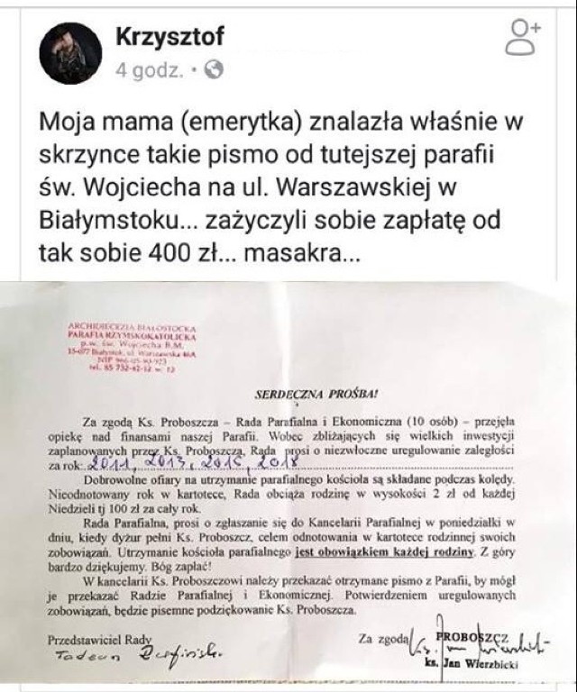 Przedstawiciel rady parafialnej, w piśmie podpisanym przez samego proboszcza archidiecezji, tłumaczy, że utrzymanie kościoła jest obowiązkiem każdej rodziny