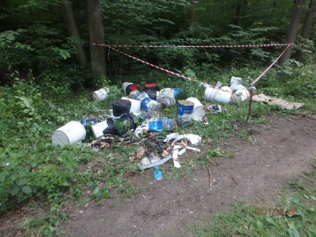 W lesie w Karbowie pod Brodnicą znaleziono pojemniki z lakierami i klejami