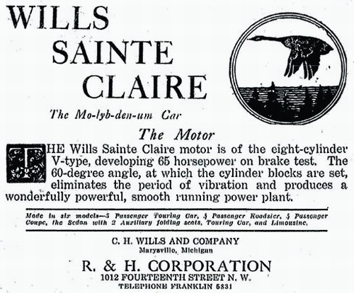 Prasowa reklama samochodów Wills Sainte Claire z roku 1923. Znakiem firmowym była szara gęś kanadyjska lecąca nad jeziorem Michigan