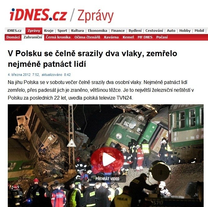 Wypadek kolejowy pod Zawierciem w zagranicznych mediach