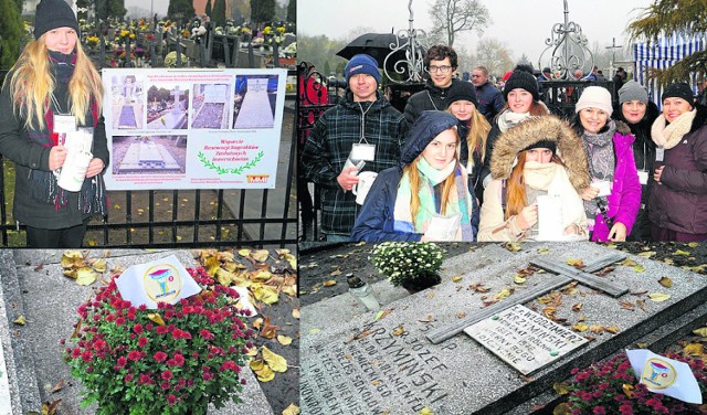 Fotografie  przedstawiają  gimnazjalnych uczestników niedawnej  kwesty przy inowrocławskich cmentarzach  oraz aktualny widok nagrobka patrona ich szkoły.