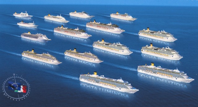 Luksus i nowoczesność, czyli imponująca flota Costa Cruises. Pechowa "Costa Concordia"  (taki kapitan to naprawdę pech) mniej więcej w środku