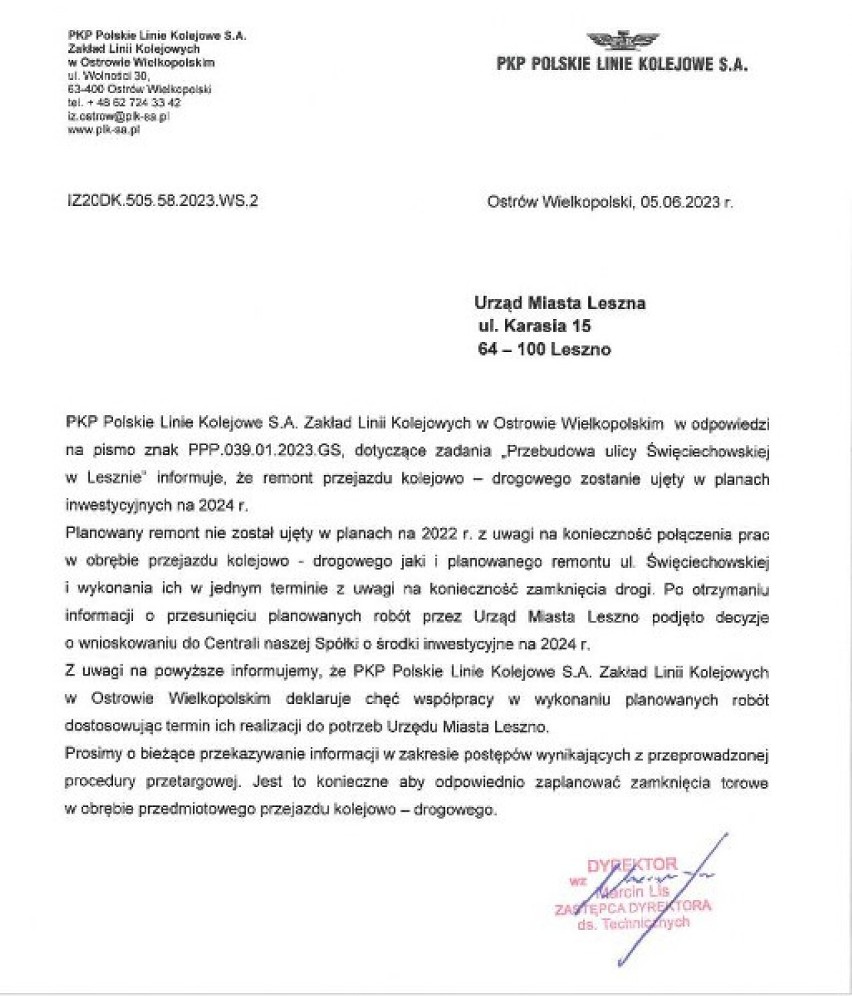 List do prezydenta Leszna. Kolejarze piszą o przebudowie przejazdu kolejowego na Święciechowskiej 