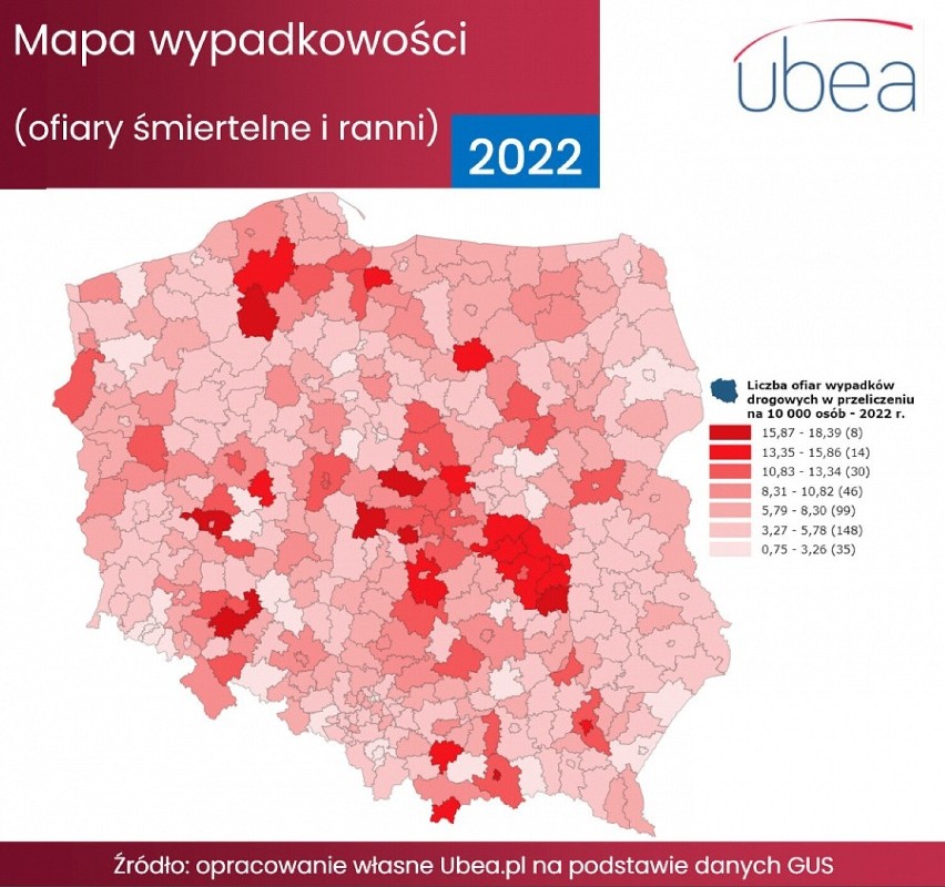 Gdzie jest najwięcej wypadków, a gdzie najmniej?