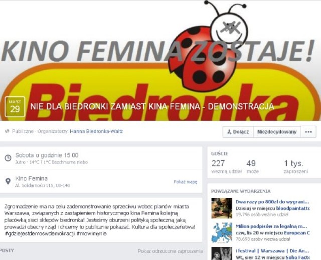 Nie dla Biedronki zamiast kina Femina - w sobotę demonstracja