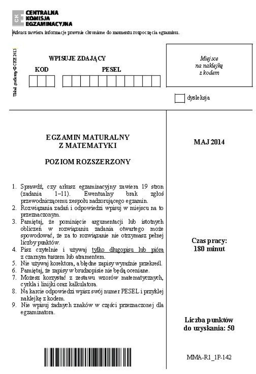 Matura 2014. Matematyka poziom rozszerzony